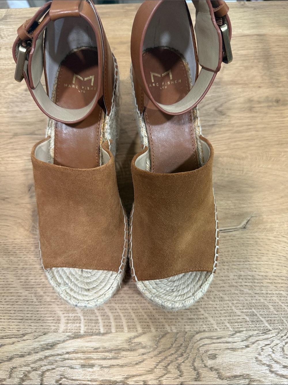 Marc Fisher Tan Suede Espadrille Platform Wedges with Ankle Strap
